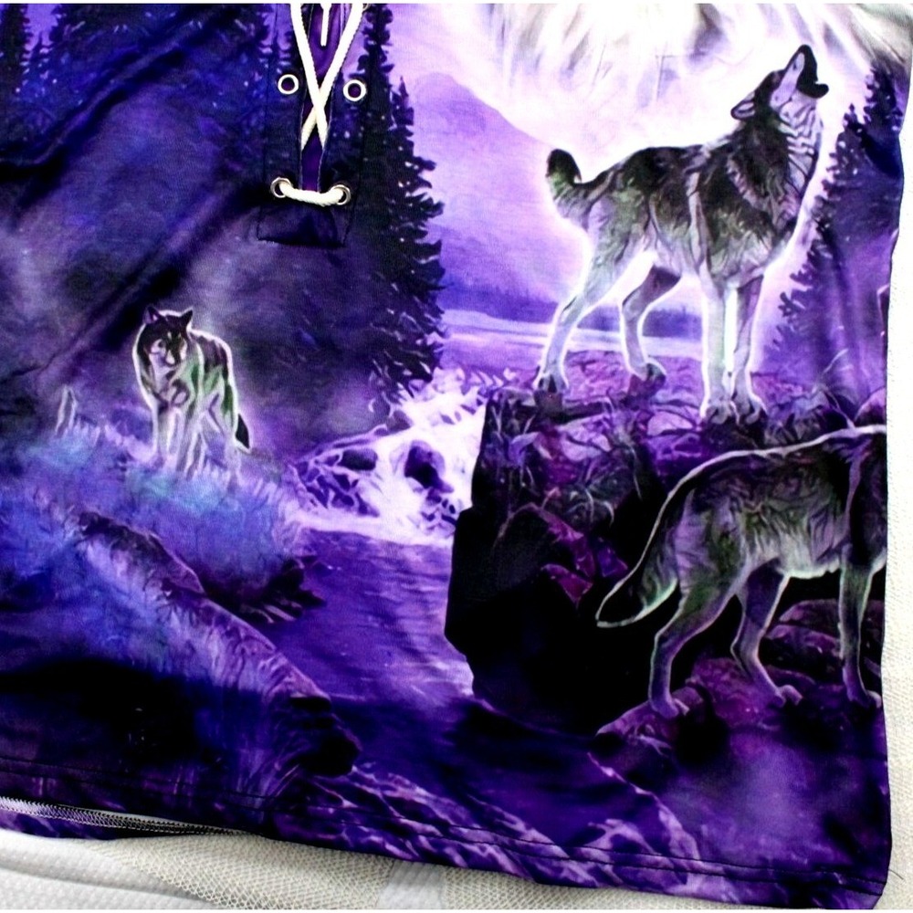Ouku Women‎ XL Purple Wolf Eagle Galaxy Graphic Lace Up V-Neck T-Shirt New - Picture 4 of 7